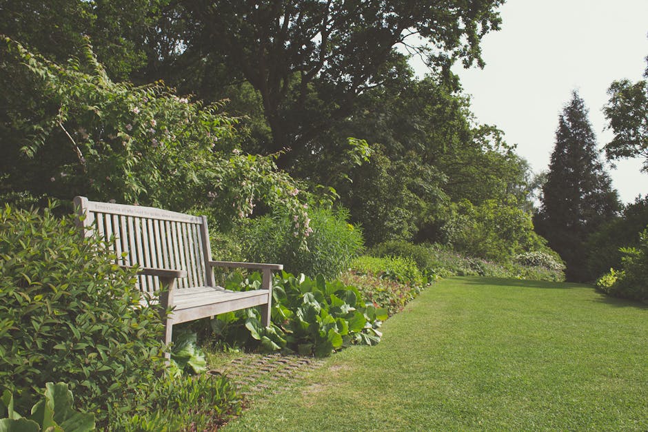 A tranquil garden scene featuring a neatly mowed lawn bordered by lush flower beds and dense greenery. On the left side, a wooden garden bench is positioned along a small paved pathway, surrounded by 